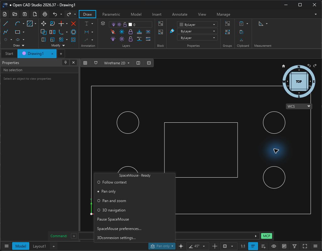SpaceMouse menu with Pan only selected