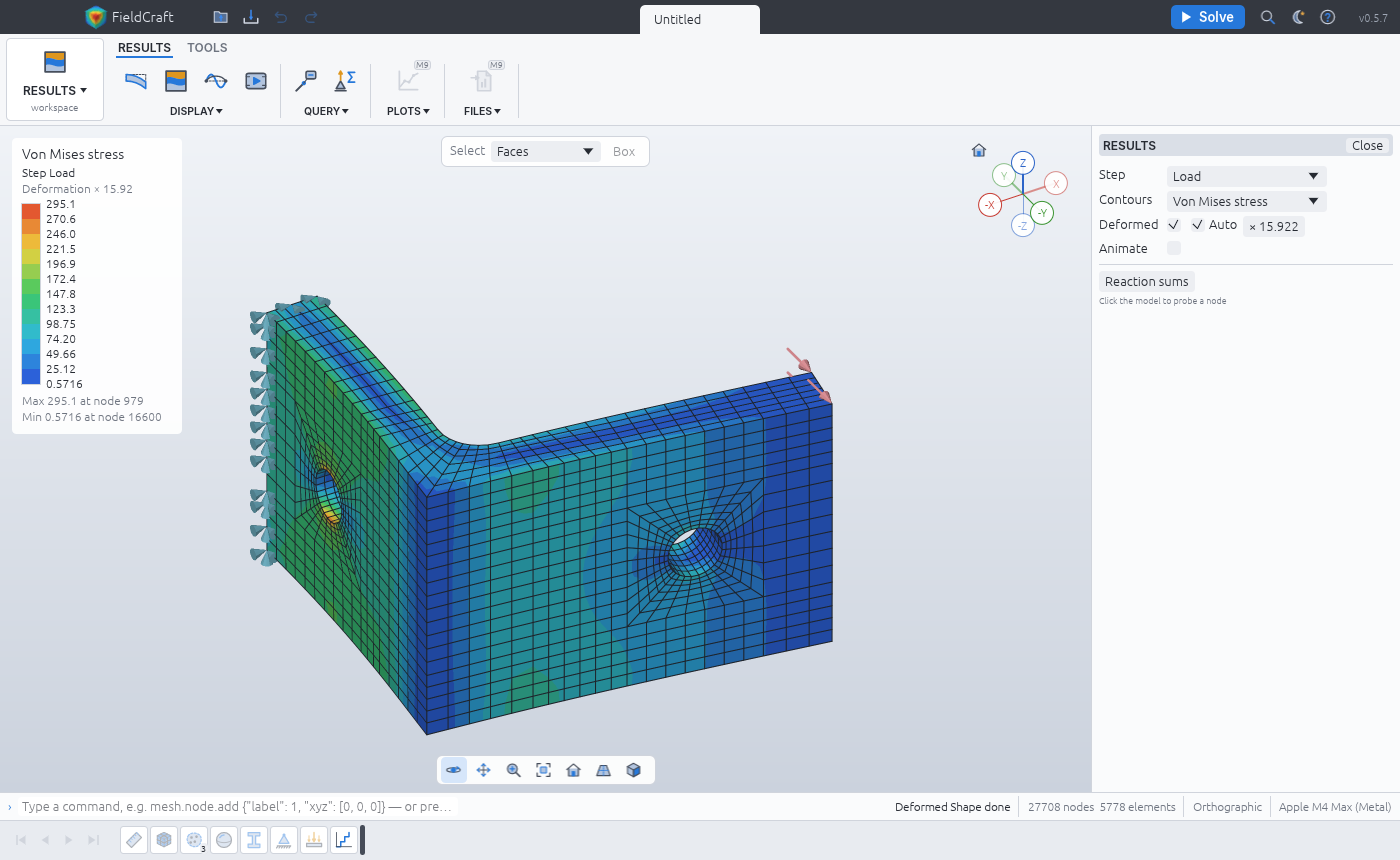 Von Mises stress on the all-hex bracket, O-grids round both holes, peaking at the upright's hole