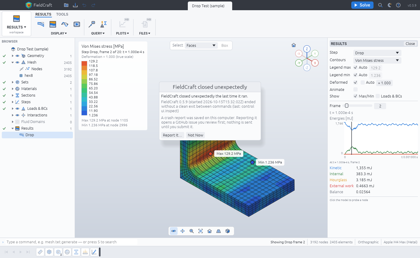 The bracket at 0.1 ms after striking the tilted floor, von Mises stress up to 129 MPa in the bend