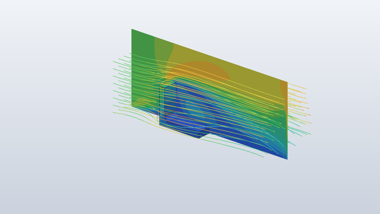 The solved flow: velocity on the mid-slice, a slow wake behind the upright and faster flow over it, with streamlines bending around the bracket