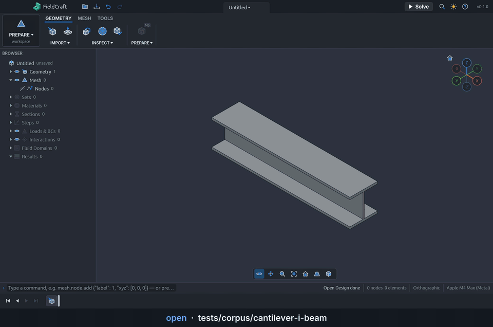 An AI agent analyses an I-beam cantilever in FieldCraft over MCP: open, hex mesh, steel, clamp and tip load, solve, von Mises contours, the deformed shape and an orbit round it