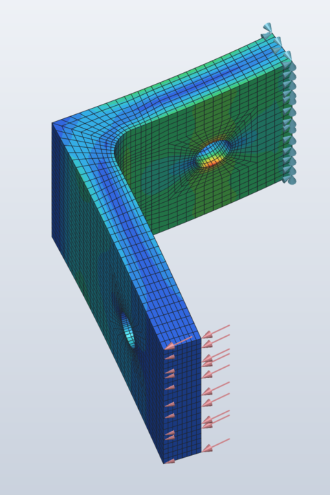 Von Mises stress peaking at the hole, with the clamp cones and load arrows