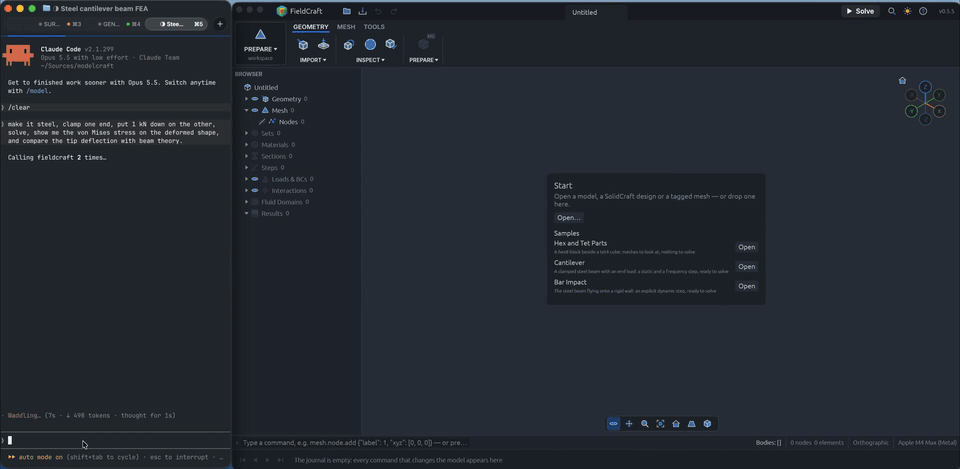 Claude analyses an I-beam cantilever in FieldCraft over MCP: it opens the part, hex meshes it, sets steel, the clamp and a 1 kN tip load, solves, shows von Mises stress and the deformed shape, and checks the tip deflection against beam theory