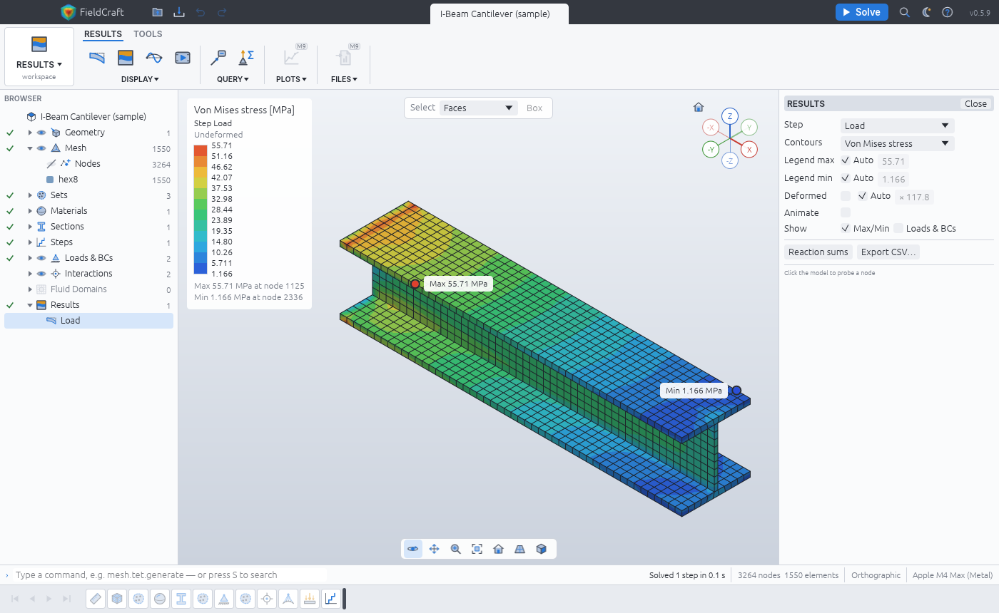 Von Mises stress on the swept hex8 I-beam, clamped at x = 0 with 1 kN on its free end