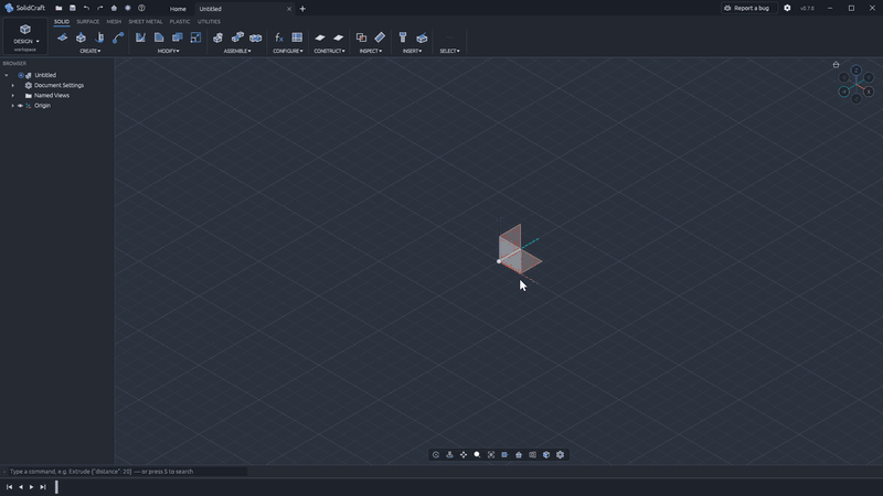 SolidCraft 0.8: model a Raspberry Pi 4 case from an empty design: a sketch dimensioned with parameters, extrude, fillets and shell, a rim rounded in one pick, standoffs patterned on the board's mounting holes, port cut-outs, vent slots, "Pi 4" engraved in a font, a PETG material with its mass in Properties, and a height change in Parameters